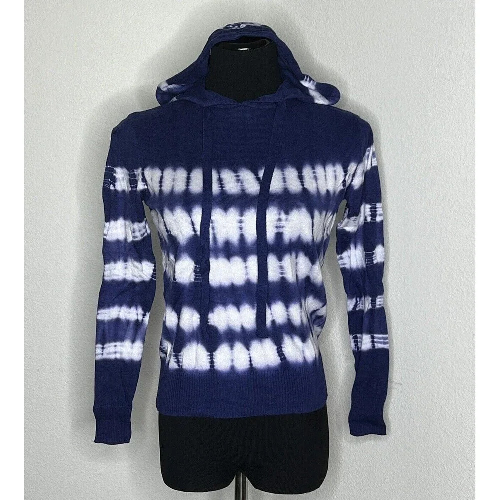 Aqua Womens Pullover Sweater Large Navy Blue Tie Dye Stripes Long Sleeve Hooded